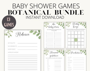 Baby shower games and activities printable pack, Baby shower printable games, Green botanical baby shower printable activities