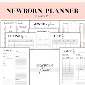 May include: A printable newborn planner with pages for tracking baby's feeding, sleep, and daily activities. The planner includes sections for a baby travel checklist, monthly planner, baby's food log, and a mom's daily log.