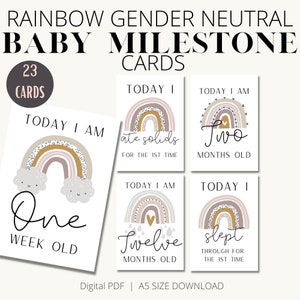 Cartes d'étape de bébé nouveau-né, cadeaux de douche de bébé, première année de bébé, cartes de bébé imprimables, cartes d'étape de bébé arc-en-ciel