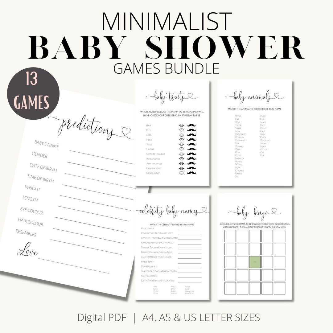 Minimalist Baby Shower Games & Activities Printables, Baby Shower Games Bundle, Gender Neutral