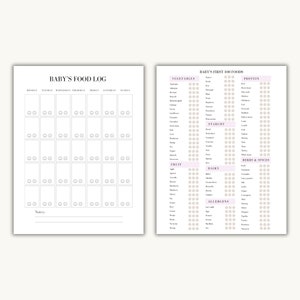 May include: A printable baby food log and a checklist of the first 100 foods to introduce to a baby. The log has a grid for tracking foods by day of the week. The checklist has a list of vegetables, fruits, starches, dairy, protein, herbs and spices, and allergens.