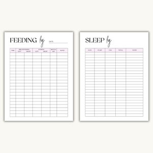 May include: A printable log sheet for tracking baby feeding and sleep times. The sheet is divided into two sections, one for feeding and one for sleep. The feeding section includes columns for time, breastfeeding (left and right), pumping (left and right), bottle oz, and notes. The sleep section includes columns for date, start time, end time, total sleep time, and notes.