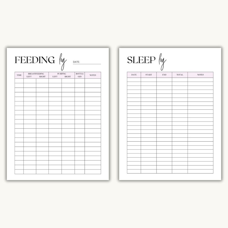 May include: A printable log sheet for tracking baby feeding and sleep times. The sheet is divided into two sections, one for feeding and one for sleep. The feeding section includes columns for time, breastfeeding (left and right), pumping (left and right), bottle oz, and notes. The sleep section includes columns for date, start time, end time, total sleep time, and notes.