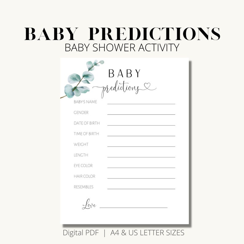 Baby Prediction Cards, Baby Predictions, Baby Guesses Card, Greenery Baby Shower Games, Boy Girl Gender Neutral Baby Shower Printable image 1