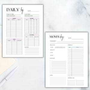 May include: A printable daily planner for moms with sections for sleep, feeding, diapers, activities, meal planning, to-do list, and shopping list. The planner has a simple design with black text on a white background.