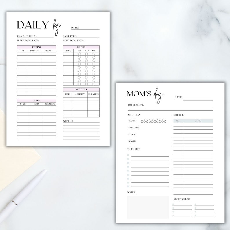 May include: A printable daily planner for moms with sections for sleep, feeding, diapers, activities, meal planning, to-do list, and shopping list. The planner has a simple design with black text on a white background.