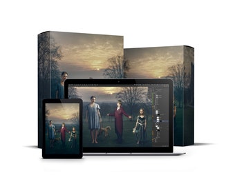 May include: A digital illustration of a family of four standing in a field with a dog. The family is dressed in vintage clothing and the background is a sunset.