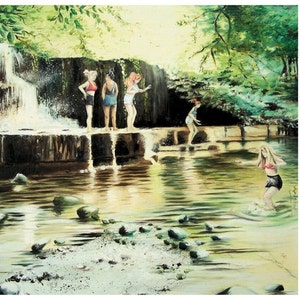 May include: An oil painting depicts a group of people in swimwear near a waterfall. The scene shows figures standing on a stone ledge and wading in the water. The artwork has a vintage aesthetic, with a focus on natural light and water reflections.