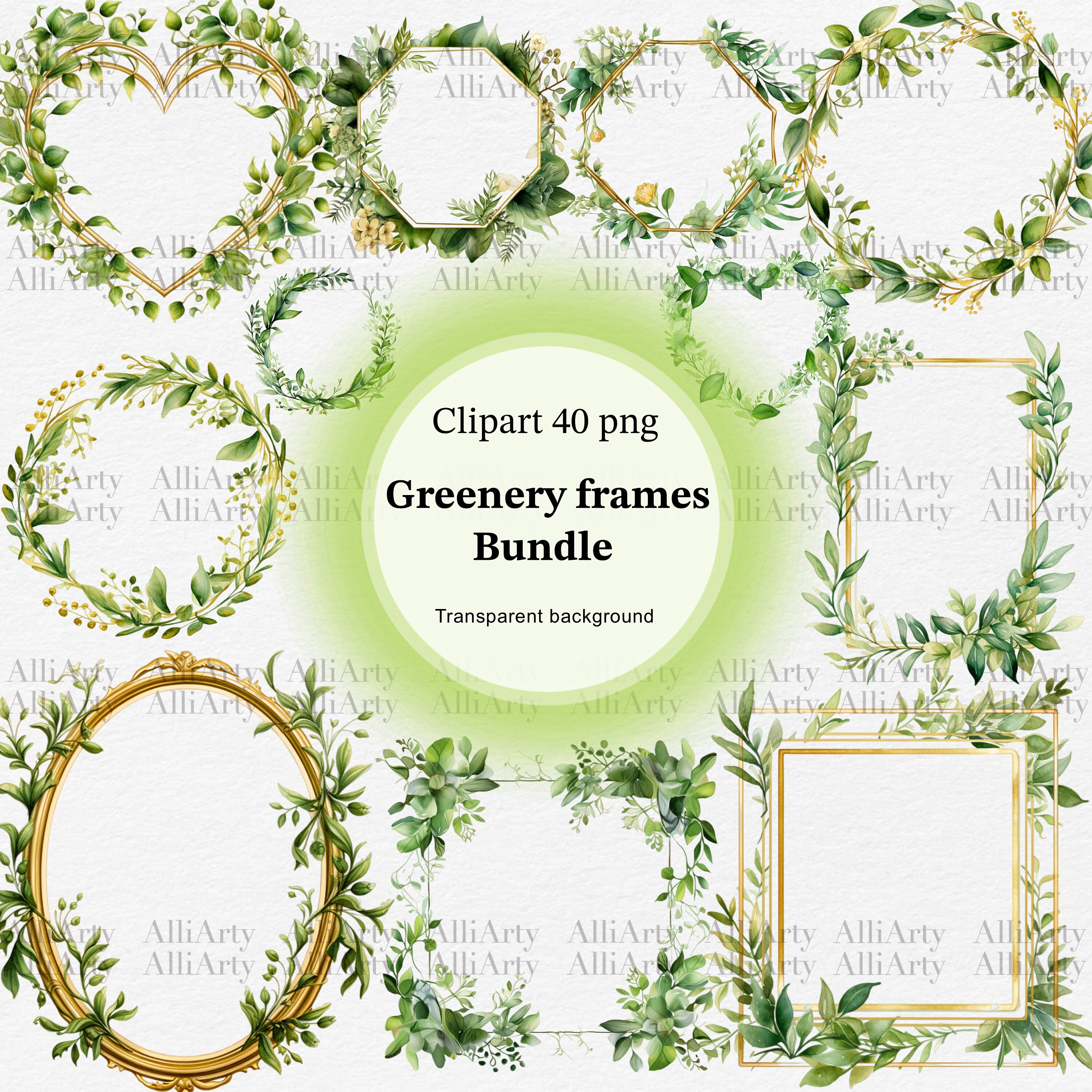 Watercolor Greenery Frames Borders Clipart, 40 PNG files, Instant Download Leaves Bundle for commercial use, Digital Gold Frame Illustration