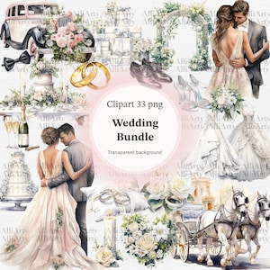 Hochzeit Aquarell Clipart, 33 PNG Dateien, Instant Download Zeremonie für kommerzielle Nutzung, digitale Braut, Bräutigam, Blumen, Bögen Illustrationen