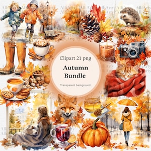 Watercolor Cozy Autumn Clipart, 21 PNG files, Instant Download Fall Leaves, Coffee, Woman, Pumpkin, Bundle for commercial use, Autumn time