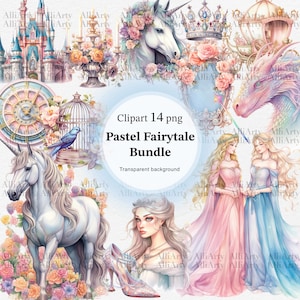 Pastel Watercolor Fairytale Clipart, 14 PNG file, Instant Download Unicorn, Castle, Dragon, Flower, Princess Bundle, Digital Painting