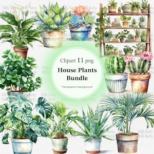 Aquarelle plantes d'intérieur Clipart, 11 fichiers PNG, téléchargement immédiat de cactus en pot, palmier, aloès Illustration pour un usage commercial, Bundle Nature