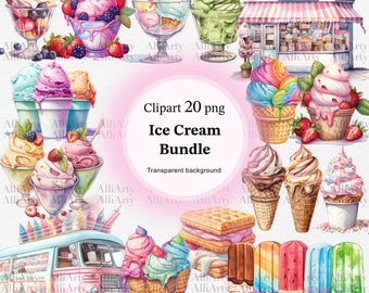 Aquarell Eis Clipart, 20 PNG-Dateien, Instant Download Ice Cream Bus Bundle, Zapfen und Eisbecher Illustrationen für kommerzielle Nutzung