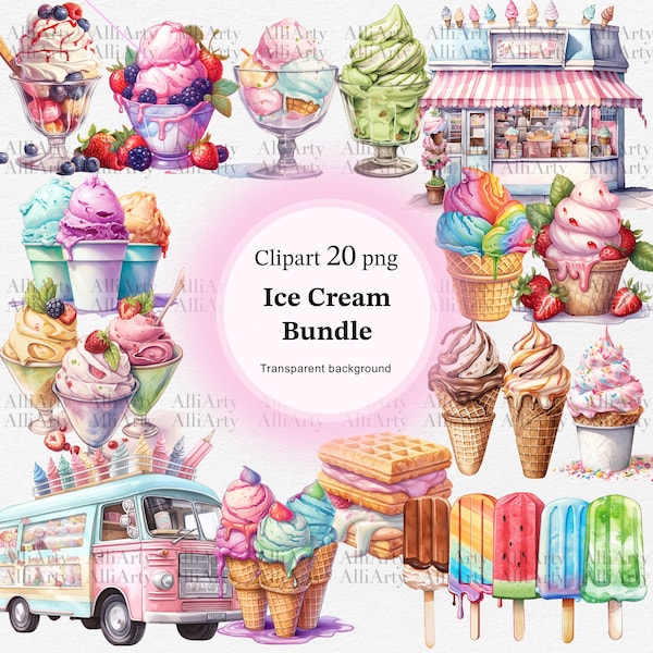 Watercolor Ice Cream Clipart, 20 PNG files, Instant Download Ice Cream Bus Bundle, Cones and Sundaes illustrations for commercial use