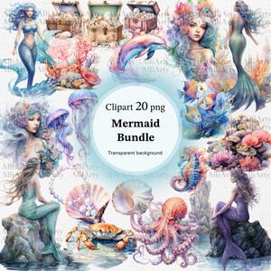 Watercolor Mermaid Clipart, 20 PNG files, Instant Download Ocean Inhabitants Bundle for commercial use, Digital Sea Mermaid Illustration