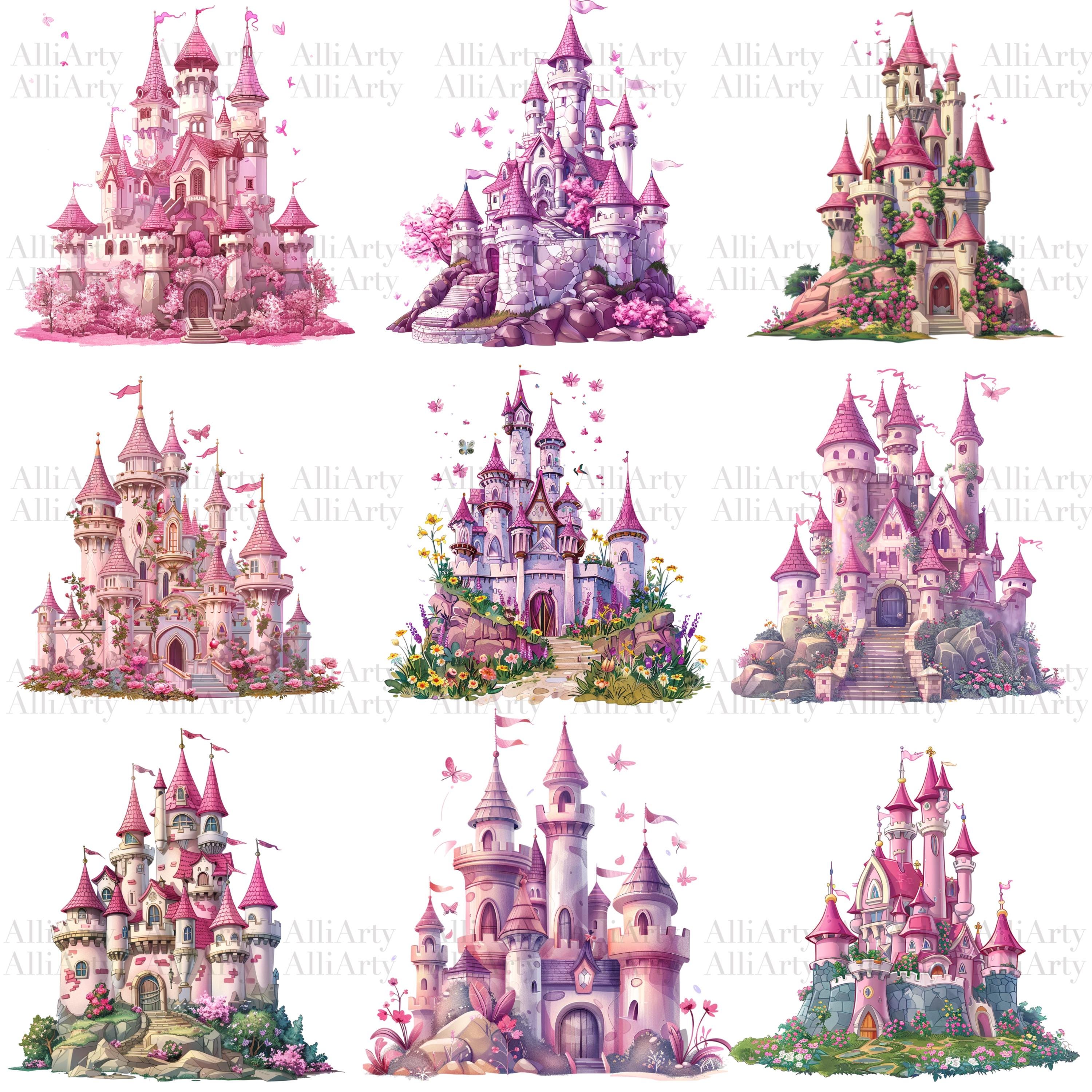 Watercolor Pink Fairytale Castle Clipart, 17 PNG File, Instant Download ...