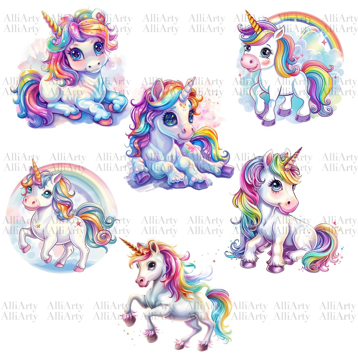Watercolor Baby Unicorn Clipart, 12 PNG File, Instant Download Cute ...