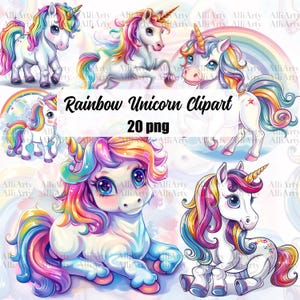 Clipart de unicornio bebé en acuarela, 12 archivos PNG, descarga instantánea de lindo unicornio arcoíris, flor, paquete de unicornio PNG, pintura digital