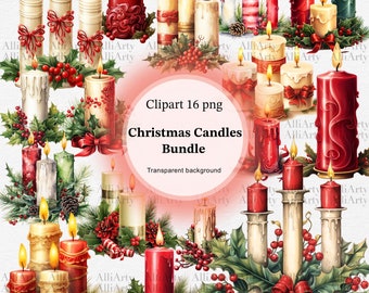 Christmas Candles Bundle 16 PNG, Digital Holiday Candle Clipart, Instant Download Watercolor Christmas, Winter Images For Commercial Use