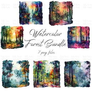 Aquarelle forêt paysage Clipart, 7 fichiers PNG, téléchargement immédiat forêt colorée Images Bundle pour un usage commercial, Illustrations