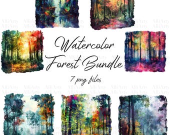 Watercolor Forest Landscape Clipart, 7 PNG files, Instant Download Colorful Forest Images Bundle for commercial use, Illustrations
