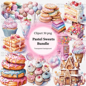 Pastell Süßigkeiten Clipart, 50 PNG Dateien, Instant Download Eis Kuchen Cupcakes Donuts Süßigkeiten Bundle, Illustrationen für den kommerziellen Gebrauch