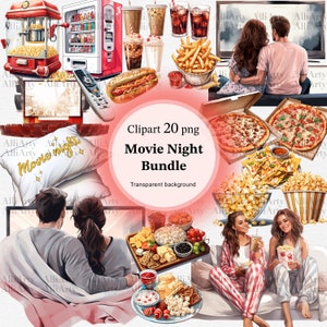 Clipart de noche de cine en acuarela, 20 archivos PNG, paquete de bocadillos de comida rápida de descarga instantánea para uso comercial, ilustración de fiesta de cine digital