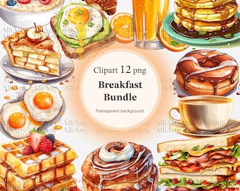 Watercolor Breakfast Clipart, 12 PNG designs, Instant Download Morning Food Bundle, Digital Painting, Illustrations for print