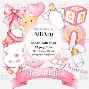 Baby Girl Clipart, 12 PNG newborn baby designs, Instant Download It&#39;s a girl, Printable Art, Digital Stickers, Illustration for print