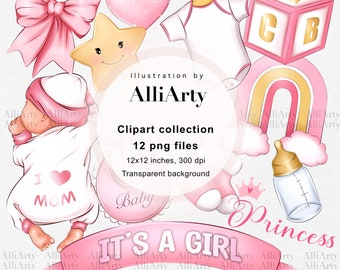 Baby Girl Clipart, 12 PNG newborn baby designs, Instant Download It&#39;s a girl, Printable Art, Digital Stickers, Illustration for print