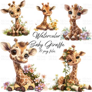 Clipart de jirafa bebé en acuarela, 10 archivos PNG, descarga instantánea de un lindo paquete de jirafas de dibujos animados para uso comercial, ilustraciones digitales