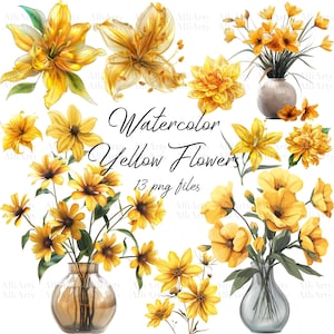 Watercolor Yellow Flowers Clipart, 13 PNG file, Instant Download Summer Spring Floral Bundle for commercial use, Digital Illustrations