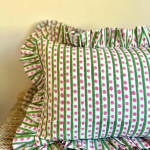 Indian Blockprint Cushion, Boho Cushions, Ruffle Pillow, Green Striped Cushion, Cottagecore Decor, Gift For Home
