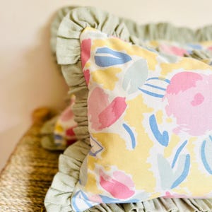 Laura Ashley Floral Print Cushion: Vintage Emma Fabric, Green Stripe Seersucker, Ruffle Pillow