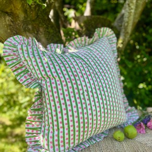 Indian Blockprint Cushion, Neon Stripe Cushion, Boho Cushion, Ruffle Pillow, Cottagecore Decor, Housewarming Gift