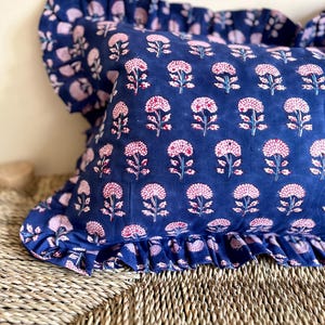Indian Blockprint Cushion, Boho Cushions, Cottagecore Decor, Ruffle Cushion, Housewarming Gift