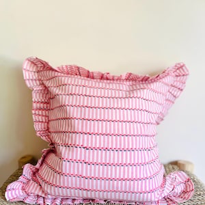 Indian Block Print Cushion, Pink Ruffle Cushion, Pink Striped Cushion, Housewarming Gift, Gift For Her