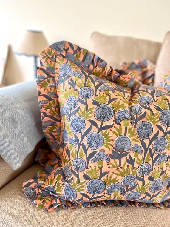 Floral Block Print Cushion, Boho Ruffle Pillow, Cotton Cushion Cover, Cottagecore Decor, Handmade Cushion