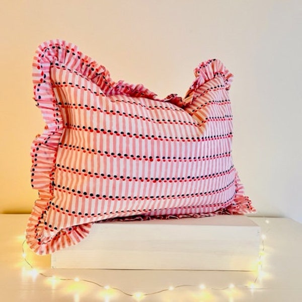 Indian Block Print Cushion, Pink Frilly Cushion, Striped Cushion, Polka Dot Cushion, Boho Cushion, Frilly Cushion, Handmade Cushion