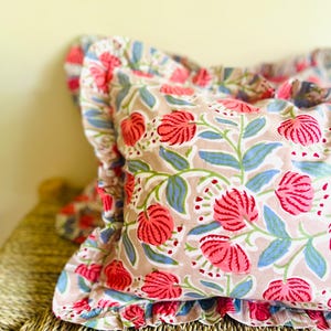 Indian Blockprint Cushion: Pink Floral Ruffle Pillow, Boho Home Decor