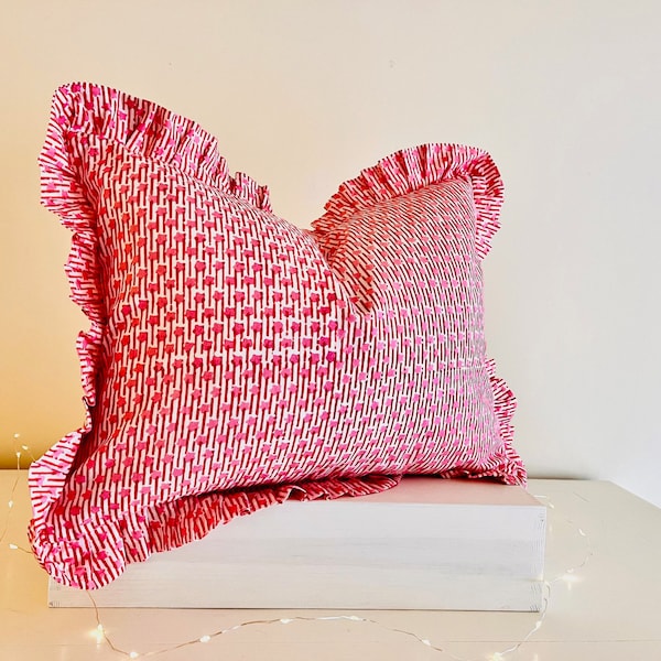 Indian Block Print Cushion, Blockprint Cushion, Boho Cushion, Frilly Cushion, Pink Frilly Cushion, Striped Cushion Cover, Star Print Cushion