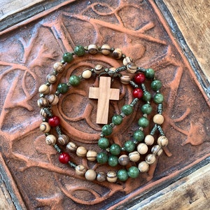 Handmade Catholic Rosary with Olive wood Beads, Olive Wood Cross, Glass beads and Jade Gemstone, Cord Rosary, Catholic Gift, Prayer Beads
