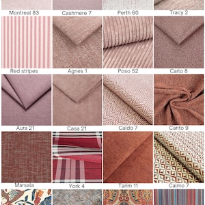 May include: A grid of twenty fabric swatches displaying various textures and patterns in shades of pink, red, orange, and multi-colored prints. Each swatch is labeled with a name and number, including Montreal 83, Cashmere 7, Perth 60, Tracy 2, Red stripes, Agnes 1, Poso 52, Carlo 8, Aura 21, Casa 21, Caldo 7, Canto 9, Marsala, York 4, Tarim 11, Calmo 7, Ginger, Tracy 1, Bombaj 69, and Jamajka.