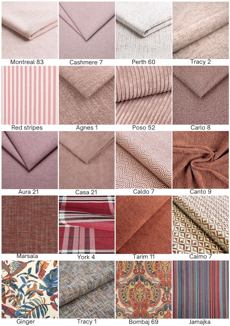 May include: A grid of twenty fabric swatches displaying various textures and patterns in shades of pink, red, orange, and multi-colored prints. Each swatch is labeled with a name and number, including Montreal 83, Cashmere 7, Perth 60, Tracy 2, Red stripes, Agnes 1, Poso 52, Carlo 8, Aura 21, Casa 21, Caldo 7, Canto 9, Marsala, York 4, Tarim 11, Calmo 7, Ginger, Tracy 1, Bombaj 69, and Jamajka.