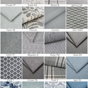 May include: A grid of twenty fabric swatches in various shades of gray and blue, featuring solid, striped, plaid, floral, geometric, and damask patterns. Each swatch is labeled with a name and number, including Crown 17, Perth 63, Bruno 8, Venice 24, Tarim 16, Flora 6, Cord 6, Uno 1504, Tarim 17, Maestro 2, Poso 115, Aura 24, Print 7, Crown 18, York 2, Jazz 14, Astoria 3, Tracy 6, Bombaj 65, and Aura 13.