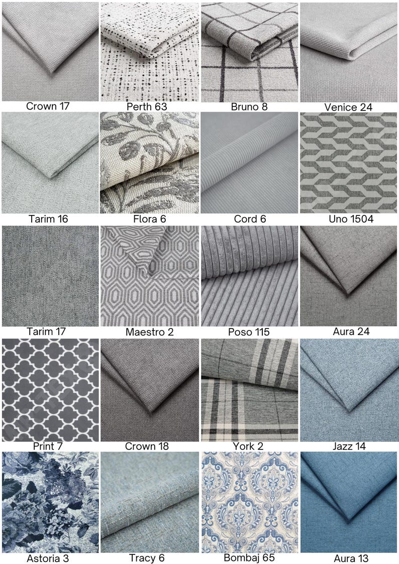 May include: A grid of twenty fabric swatches in various shades of gray and blue, featuring solid, striped, plaid, floral, geometric, and damask patterns. Each swatch is labeled with a name and number, including Crown 17, Perth 63, Bruno 8, Venice 24, Tarim 16, Flora 6, Cord 6, Uno 1504, Tarim 17, Maestro 2, Poso 115, Aura 24, Print 7, Crown 18, York 2, Jazz 14, Astoria 3, Tracy 6, Bombaj 65, and Aura 13.