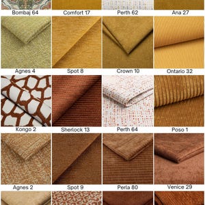 May include: A grid of twenty fabric swatches in various shades of yellow, orange, and brown, featuring solid, textured, striped, and patterned designs. Each swatch is labeled with a name and number, including Bombaj 64, Comfort 17, Perth 62, Ana 27, Agnes 4, Spot 8, Crown 10, Ontario 32, Kongo 2, Sherlock 13, Perth 64, Poso 1, Agnes 2, Spot 9, Perla 80, Venice 29, Tarim 14, Mosaic 2, Sicuro 30, and Kansas 19.