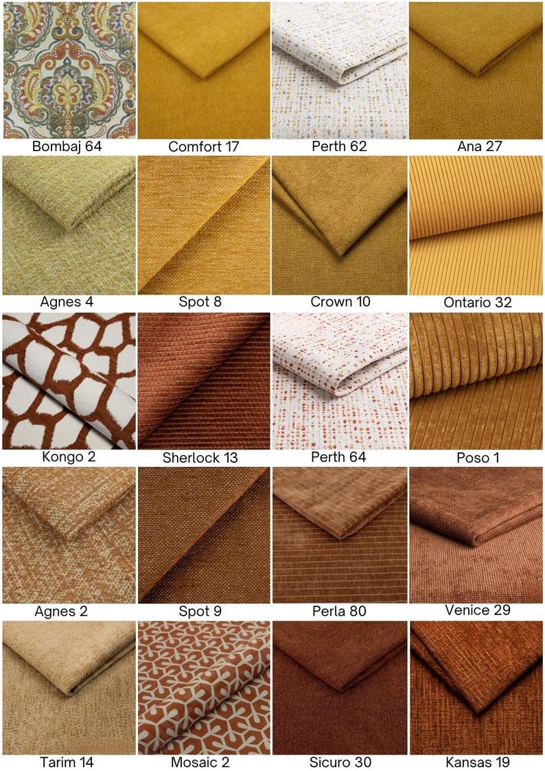 May include: A grid of twenty fabric swatches in various shades of yellow, orange, and brown, featuring solid, textured, striped, and patterned designs. Each swatch is labeled with a name and number, including Bombaj 64, Comfort 17, Perth 62, Ana 27, Agnes 4, Spot 8, Crown 10, Ontario 32, Kongo 2, Sherlock 13, Perth 64, Poso 1, Agnes 2, Spot 9, Perla 80, Venice 29, Tarim 14, Mosaic 2, Sicuro 30, and Kansas 19.