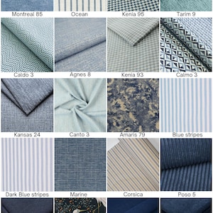 May include: A collection of twenty fabric swatches in various shades of blue, featuring patterns such as stripes, houndstooth, geometric shapes, solid textures, and a botanical print with white herons on a dark background, each labeled with a name.